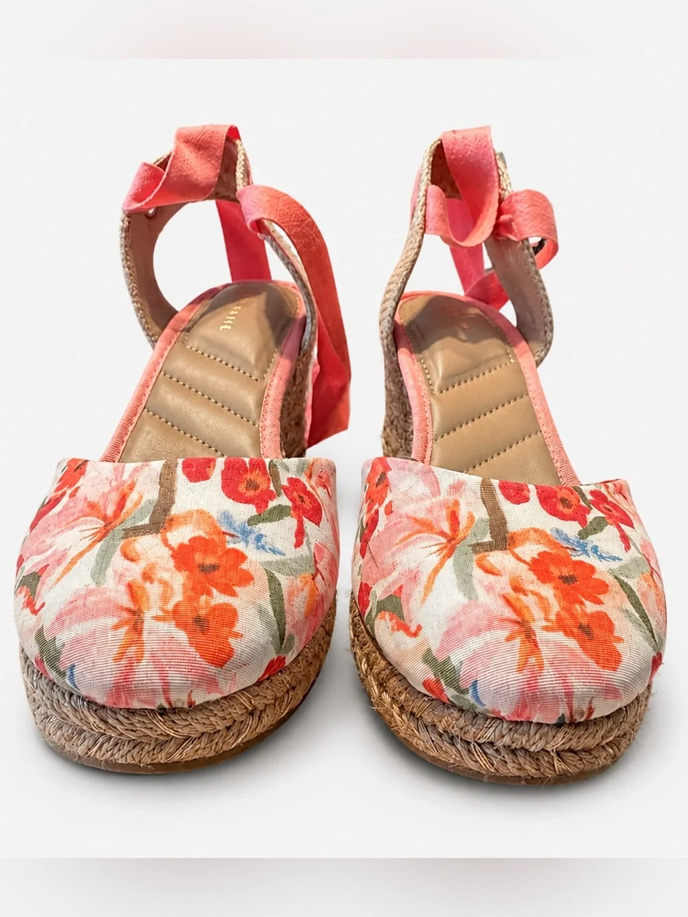 Kelly & Katie Floral Espadrille Wedges Size 8M Coral Lace-Up Ankle Tie